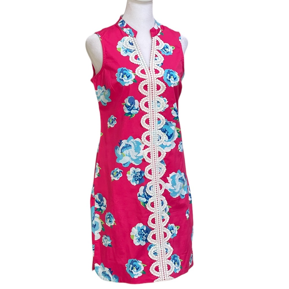 Mud Pie Mia Pink Blue Florals Shift Dress Sz XS Embroidered Lace Front Spandex
